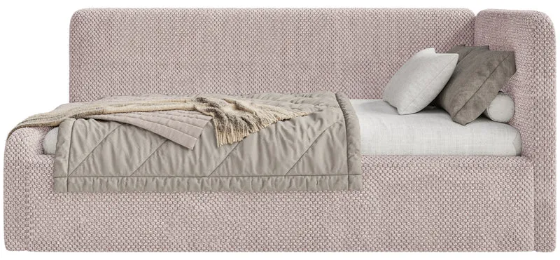 Jugendbett 90x200 cm Fanklo rechtsseitig mit Matratze und Stauraum, puderrosa Plüsch, wasserabweisend