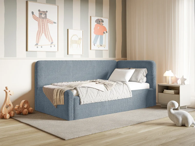 Jugendbett 90x200 cm Fanklo rechtsseitig mit Stauraum, blau, wasserabweisender Plüsch