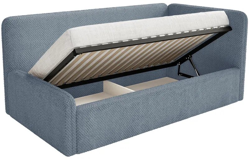 Jugendbett 90x200 cm Fanklo rechtsseitig mit Stauraum, blau, wasserabweisender Plüsch