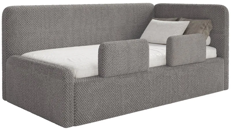 Jugendbett 90x200 cm Fanklo rechtsseitig mit Matratze, Stauraum und Geländern, grau-brauner Plüsch, wasserabweisend