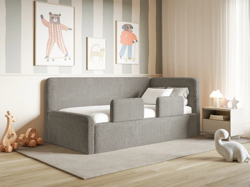 Jugendbett 90x200 cm Fanklo rechtsseitig mit Matratze, Stauraum und Geländern, grau-brauner Plüsch, wasserabweisend