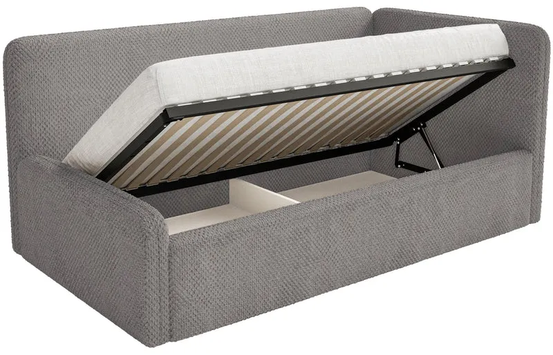 Jugendbett 90x200 cm Fanklo rechtsseitig mit Stauraum, grau-brauner Plüsch, wasserabweisend