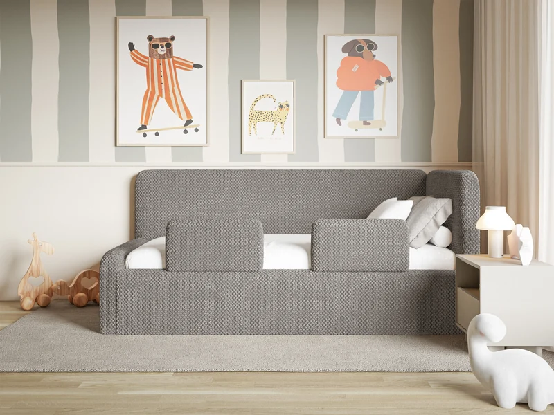 Jugendbett 90x200 cm Fanklo rechtsseitig mit Matratze, Stauraum und Geländern, grau-brauner Plüsch, wasserabweisend