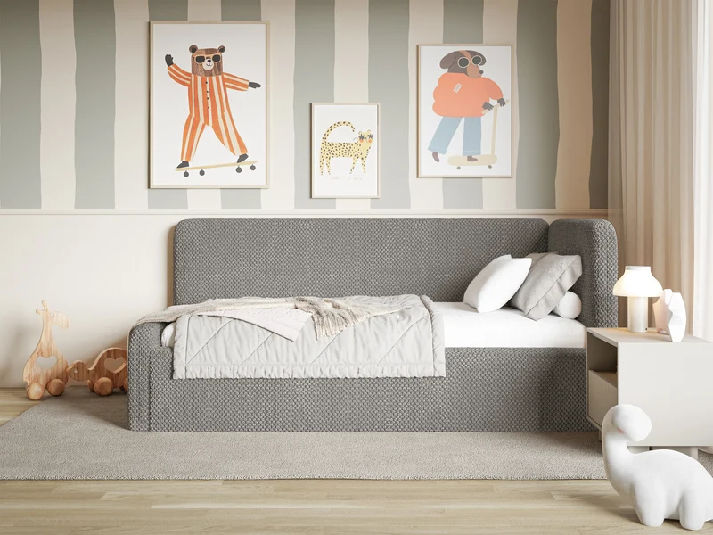 Jugendbett 90x200 cm Fanklo rechtsseitig mit Stauraum, grau-brauner Plüsch, wasserabweisend