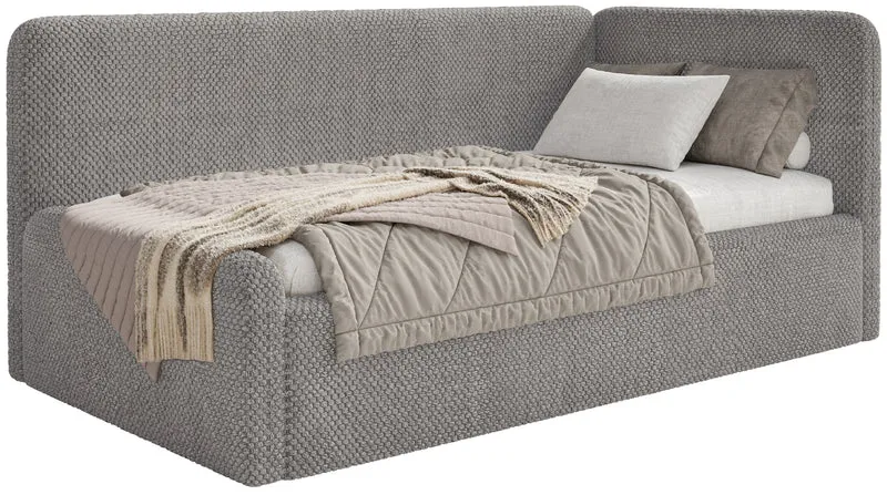Jugendbett 90x200 cm Fanklo rechtsseitig mit Stauraum, grau-brauner Plüsch, wasserabweisend