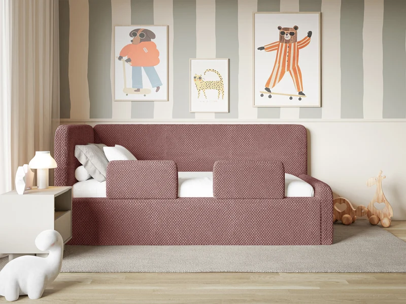 Jugendbett 90x200 cm Fanklo linksseitig mit Matratze, Stauraum und Geländern, rosa Plüsch, wasserabweisend