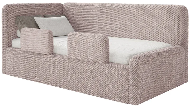 Jugendbett 90x200 cm Fanklo linksseitig mit Stauraum und Geländern, puderrosa Plüsch, wasserabweisend