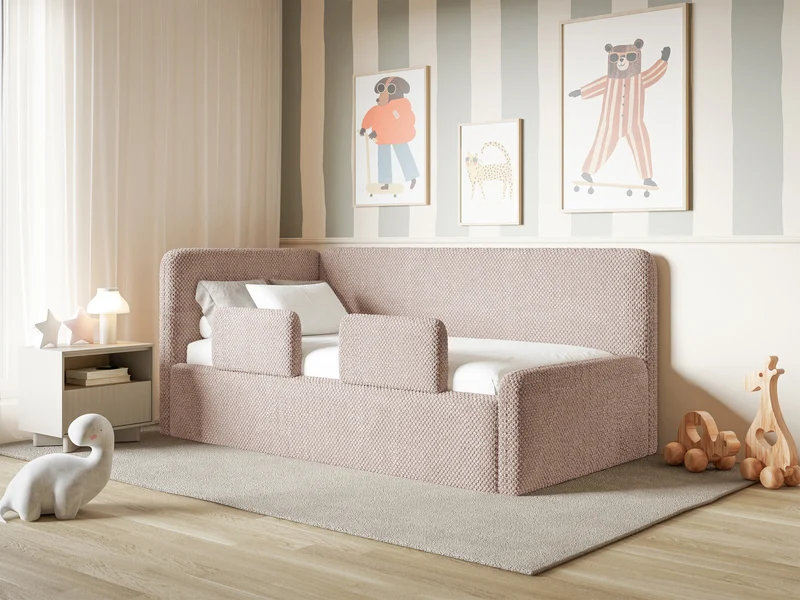Jugendbett 90x200 cm Fanklo linksseitig mit Stauraum und Geländern, puderrosa Plüsch, wasserabweisend