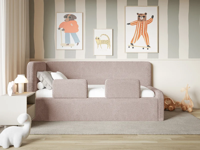Jugendbett 90x200 cm Fanklo linksseitig mit Stauraum und Geländern, puderrosa Plüsch, wasserabweisend