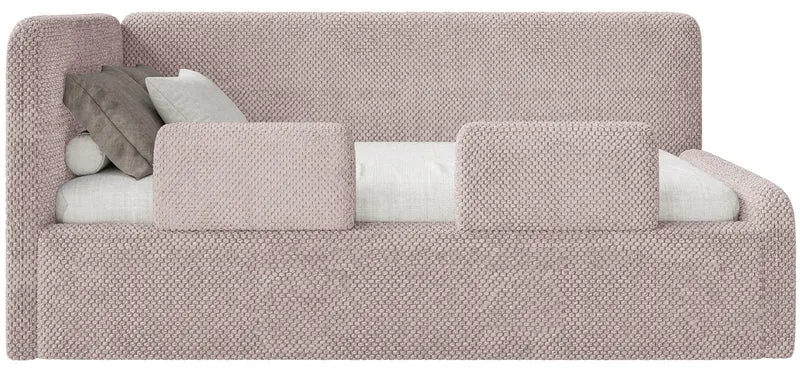Jugendbett 90x200 cm Fanklo linksseitig mit Stauraum und Geländern, puderrosa Plüsch, wasserabweisend