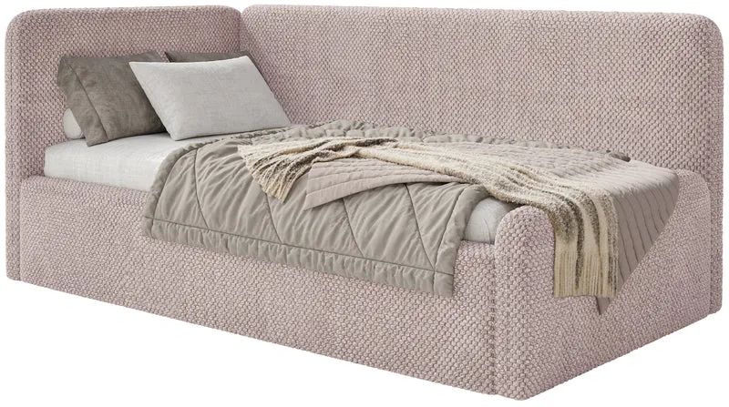 Jugendbett 90x200 cm Fanklo linksseitig mit Stauraum, puderrosa Plüsch, wasserabweisend
