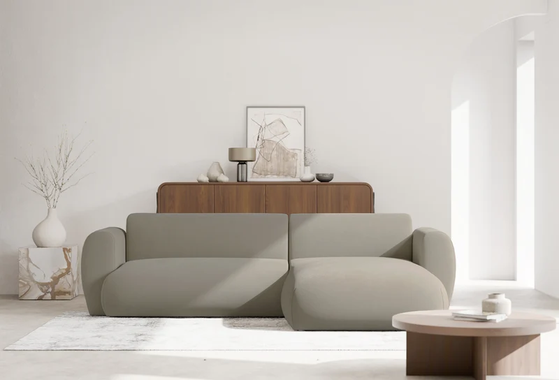 Ecksofa mit Schlafunktion Emia, L-förmig, rechtsseitig, grau-beige, pflegeleichter Chenillestoff