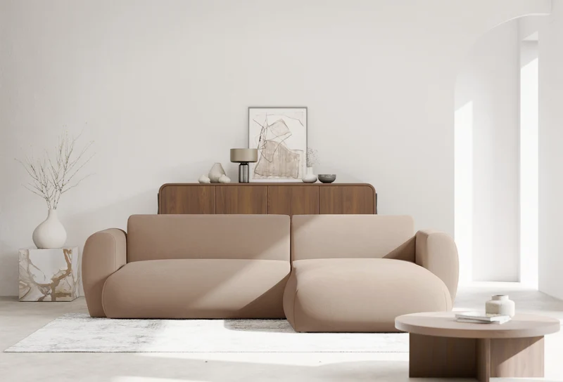 Ecksofa mit Schlaffunktion Emia, L-Form, rechtsseitig, beige, pflegeleichter Chenillestoff