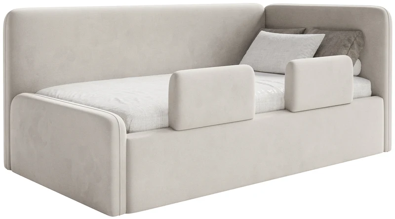 Jugendbett 120x200 cm Fanklo rechtsseitig mit Matratze, Stauraum und Geländern, hellbeiger Velours, wasserabweisend und leicht zu reinigen