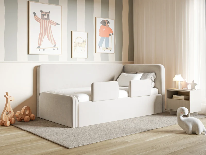 Jugendbett 90x200 cm Fanklo rechtsseitig mit Stauraum und hellbeigen, wasserabweisenden, pflegeleichten Samt-Geländern