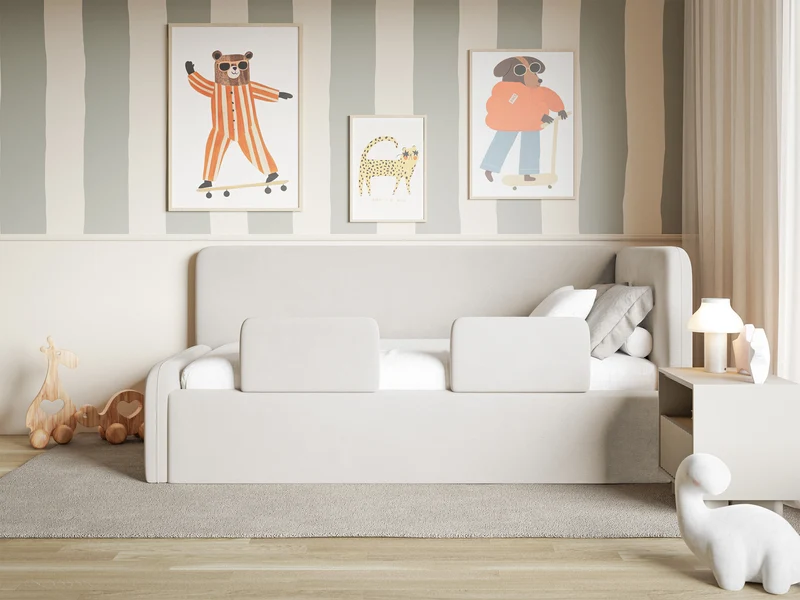 Jugendbett 90x200 cm Fanklo rechtsseitig mit Stauraum und hellbeigen, wasserabweisenden, pflegeleichten Samt-Geländern