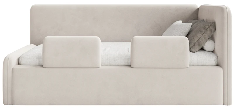 Jugendbett 90x200 cm Fanklo rechtsseitig mit Stauraum und hellbeigen, wasserabweisenden, pflegeleichten Samt-Geländern
