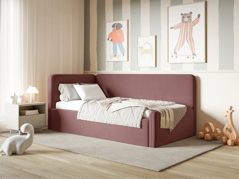 Jugendbett 90x200 cm Fanklo linksseitig mit Stauraum und Geländern, rosa Velours, wasserabweisend und leicht zu reinigen