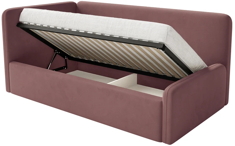 Jugendbett 90x200 cm Fanklo linksseitig mit Stauraum und Geländern, rosa Velours, wasserabweisend und leicht zu reinigen