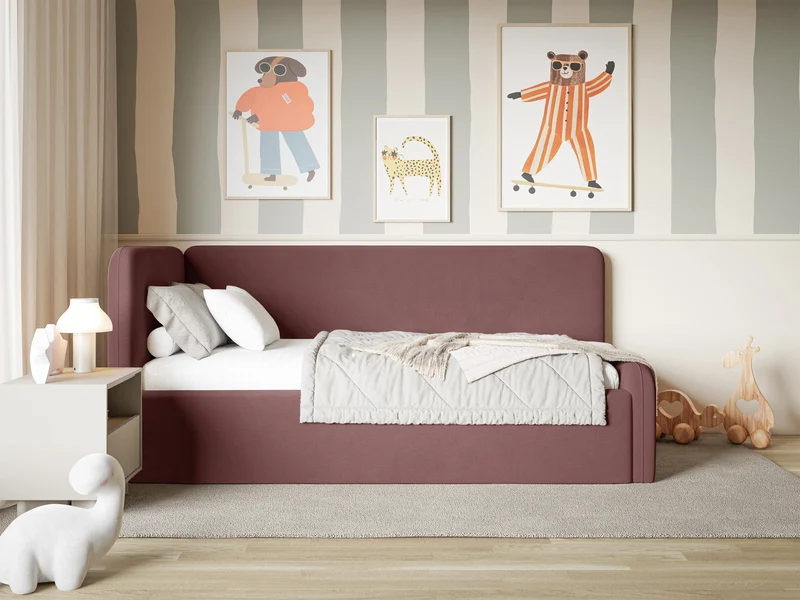 Jugendbett 90x200 cm Fanklo linksseitig mit Stauraum und Geländern, rosa Velours, wasserabweisend und leicht zu reinigen
