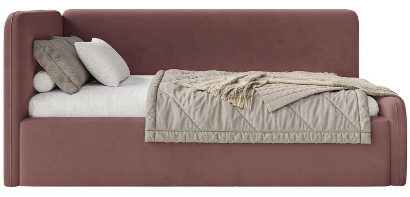 Jugendbett 90x200 cm Fanklo linksseitig mit Stauraum und Geländern, rosa Velours, wasserabweisend und leicht zu reinigen
