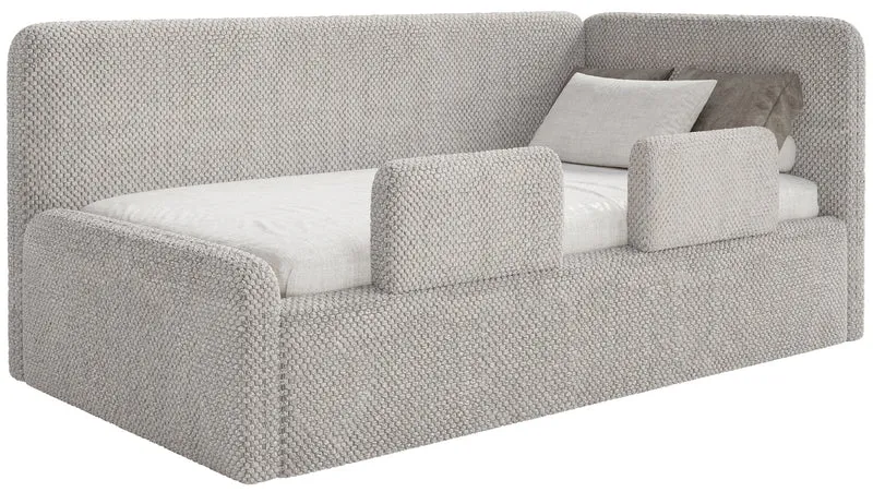 Jugendbett 90x200 cm Fanklo rechtsseitig mit Matratze, Stauraum und Geländern, grau-beige Plüsch, wasserabweisend