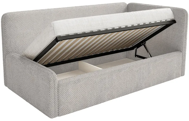 Jugendbett 90x200 cm Fanklo rechtsseitig mit Matratze, Stauraum und Geländern, grau-beige Plüsch, wasserabweisend