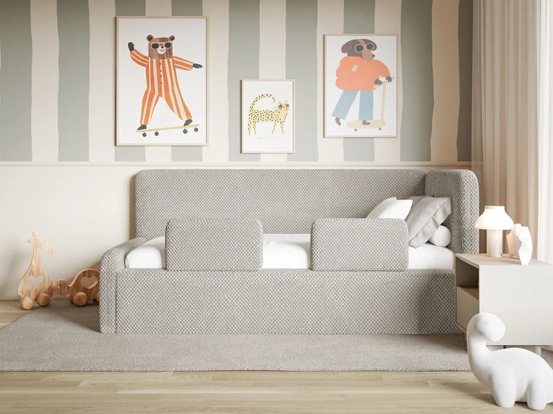 Jugendbett 90x200 cm Fanklo rechtsseitig mit Matratze, Stauraum und Geländern, grau-beige Plüsch, wasserabweisend