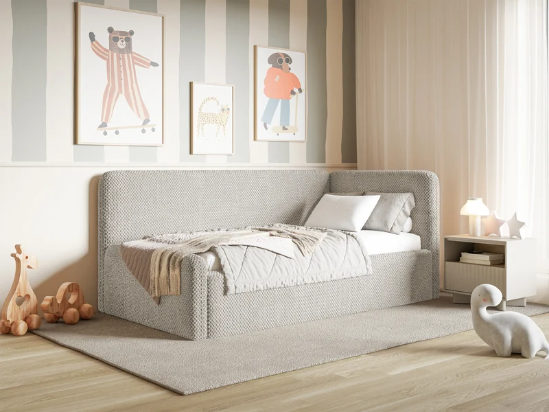 Jugendbett 90x200 cm Fanklo rechtsseitig mit Matratze, Stauraum und Geländern, grau-beige Plüsch, wasserabweisend