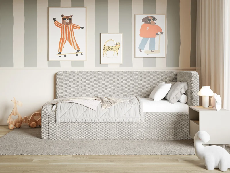 Jugendbett 90x200 cm Fanklo rechtsseitig mit Matratze, Stauraum und Geländern, grau-beige Plüsch, wasserabweisend