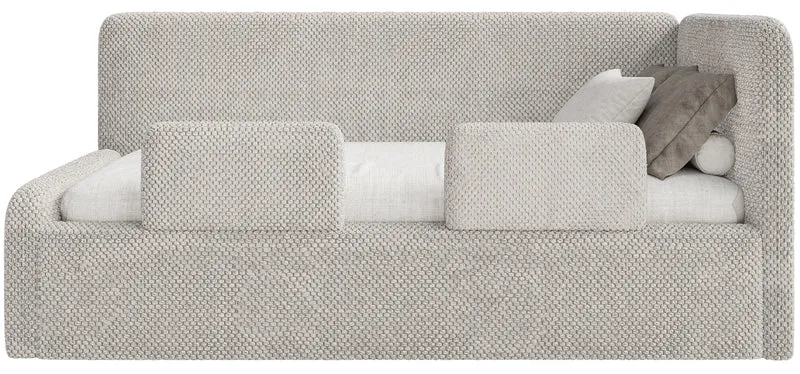 Jugendbett 90x200 cm Fanklo rechtsseitig mit Matratze, Stauraum und Geländern, grau-beige Plüsch, wasserabweisend