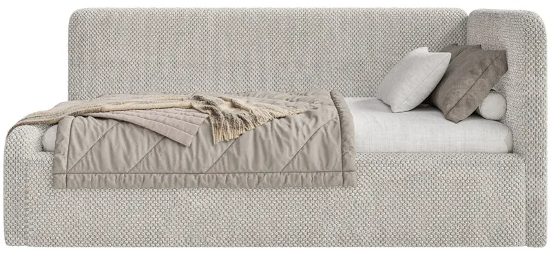 Jugendbett 90x200 cm Fanklo rechtsseitig mit Matratze, Stauraum und Geländern, grau-beige Plüsch, wasserabweisend