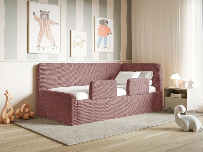 Jugendbett 90x200 cm Fanklo rechtsseitig mit Stauraum und Geländern, rosa Plüsch, wasserabweisend