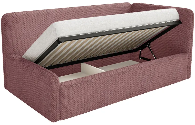Jugendbett 90x200 cm Fanklo rechtsseitig mit Stauraum und Geländern, rosa Plüsch, wasserabweisend