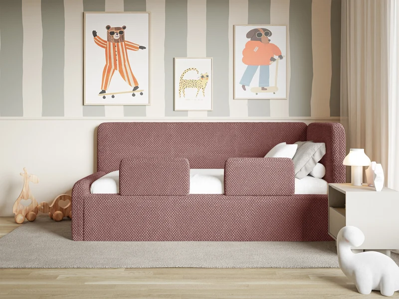 Jugendbett 90x200 cm Fanklo rechtsseitig mit Stauraum und Geländern, rosa Plüsch, wasserabweisend