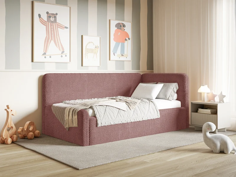 Jugendbett 90x200 cm Fanklo rechtsseitig mit Stauraum und Geländern, rosa Plüsch, wasserabweisend