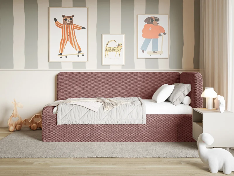 Jugendbett 90x200 cm Fanklo rechtsseitig mit Stauraum und Geländern, rosa Plüsch, wasserabweisend