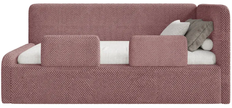 Jugendbett 90x200 cm Fanklo rechtsseitig mit Stauraum und Geländern, rosa Plüsch, wasserabweisend