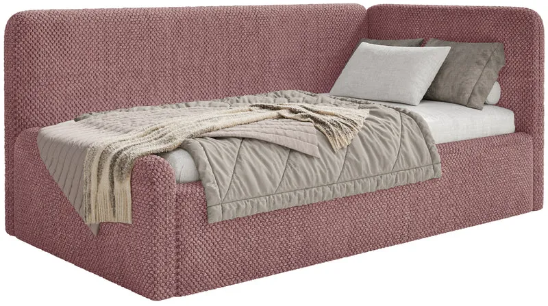 Jugendbett 90x200 cm Fanklo rechtsseitig mit Stauraum und Geländern, rosa Plüsch, wasserabweisend