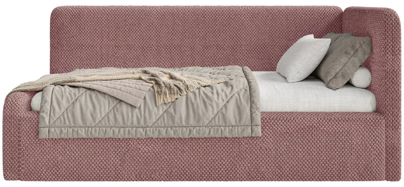 Jugendbett 90x200 cm Fanklo rechtsseitig mit Stauraum und Geländern, rosa Plüsch, wasserabweisend