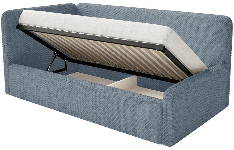 Jugendbett 90x200 cm Fanklo linksseitig mit Matratze, Stauraum und blauen Plüsch-Hydrophob-Gittern