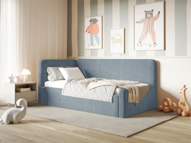 Jugendbett 90x200 cm Fanklo linksseitig mit Matratze, Stauraum und blauen Plüsch-Hydrophob-Gittern
