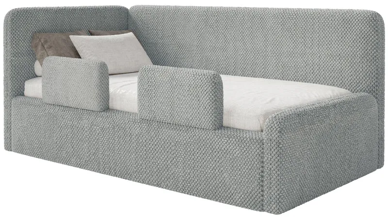 Jugendbett 90x200 cm Fanklo linksseitig mit Stauraum und Bettgittern, grauer Plüsch, wasserabweisend