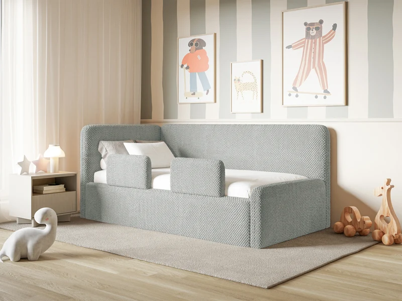 Jugendbett 90x200 cm Fanklo linksseitig mit Stauraum und Bettgittern, grauer Plüsch, wasserabweisend