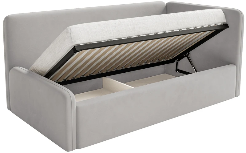 Jugendbett 90x200 cm Fanklo rechtsseitig mit Matratze und Stauraum, hellgrauer wasserabweisender, leicht zu reinigender Samt