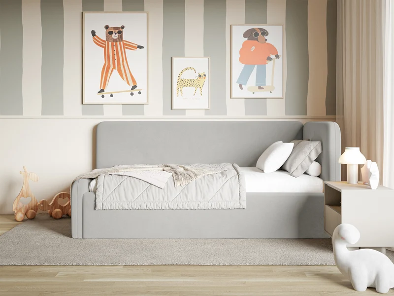 Jugendbett 90x200 cm Fanklo rechtsseitig mit Matratze und Stauraum, hellgrauer wasserabweisender, leicht zu reinigender Samt
