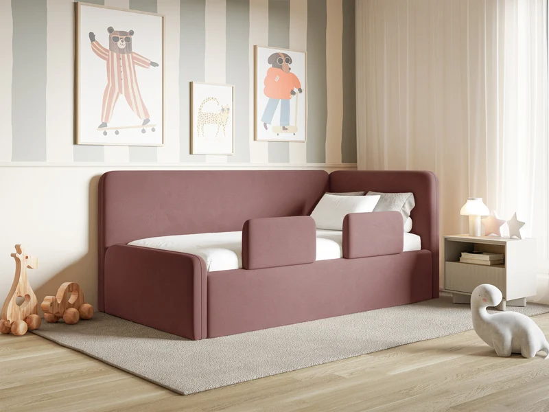Jugendbett 90x200 cm Fanklo rechtsseitig mit Matratze, Stauraum und Geländern, rosa Velours, wasserabweisend und leicht zu reinigen