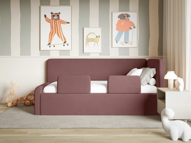 Jugendbett 90x200 cm Fanklo rechtsseitig mit Matratze, Stauraum und Geländern, rosa Velours, wasserabweisend und leicht zu reinigen