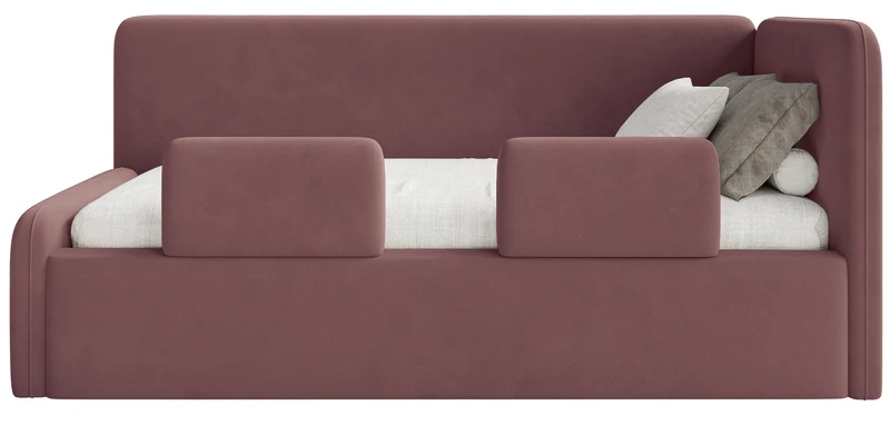 Jugendbett 90x200 cm Fanklo rechtsseitig mit Matratze, Stauraum und Geländern, rosa Velours, wasserabweisend und leicht zu reinigen