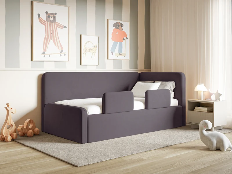 Jugendbett 90x200 cm Fanklo rechtsseitig mit Stauraum und Geländern, violetter Velours, wasserabweisend und leicht zu reinigen